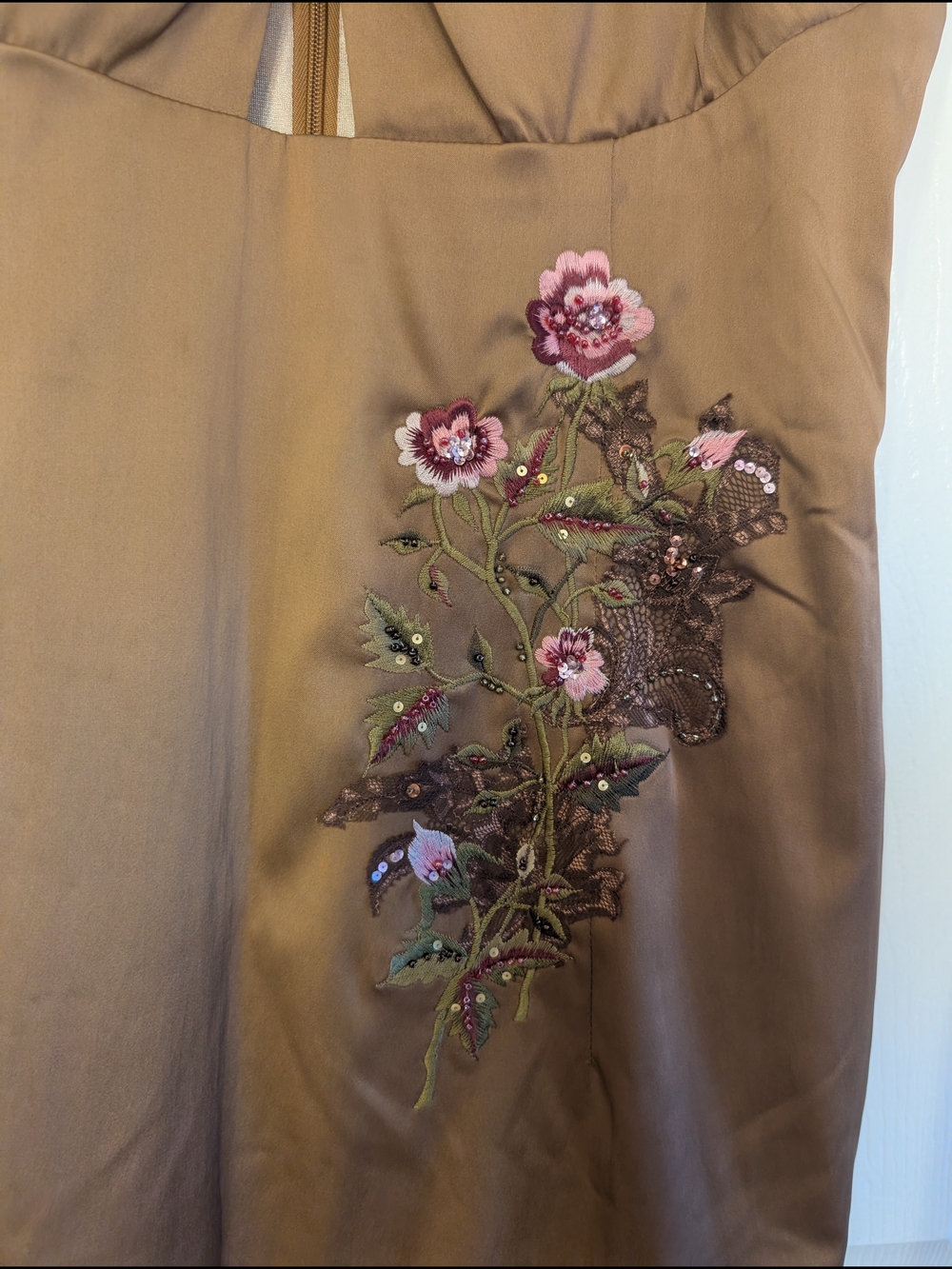Brown Satin Midi Slip Dress with Pink Floral Embroidery - Picture 4 of 10